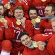 GANGNEUNG, SOUTH KOREA - FEBRUARY 25: Nikita Nestorov #89, Kirill Kaprizov #77, Alexander Barbanov #94, Andrei Zubarev #28, Artyom Zub #2 and Andrei Zubarev #28 of the Olympic Athletes from Russia showing off their gold medals following a 4-3 gold medal game overtime win against Germany at the PyeongChang 2018 Olympic Winter Games. (Photo by Andre Ringuette/HHOF-IIHF Images)

